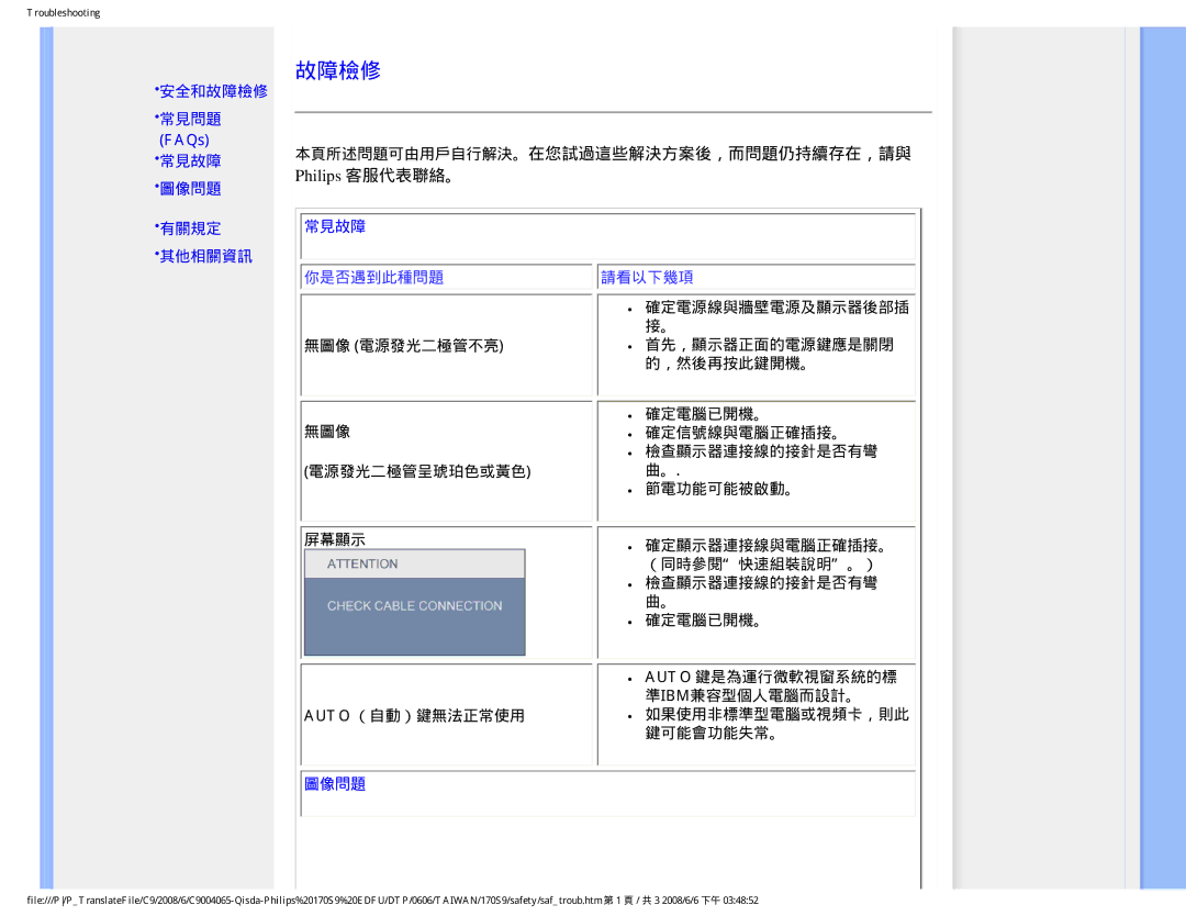 Philips 170S9 安全和故障檢修 常見問題 FAQs 常見故障 圖像問題, 有關規定 其他相關資訊 常見故障, 無圖像 電源發光二極管不亮 電源發光二極管呈琥珀色或黃色 屏幕顯示 Auto （自動）鍵無法正常使用 