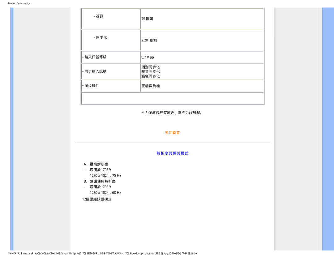 Philips 170S9 user manual 解析度與預設模式 