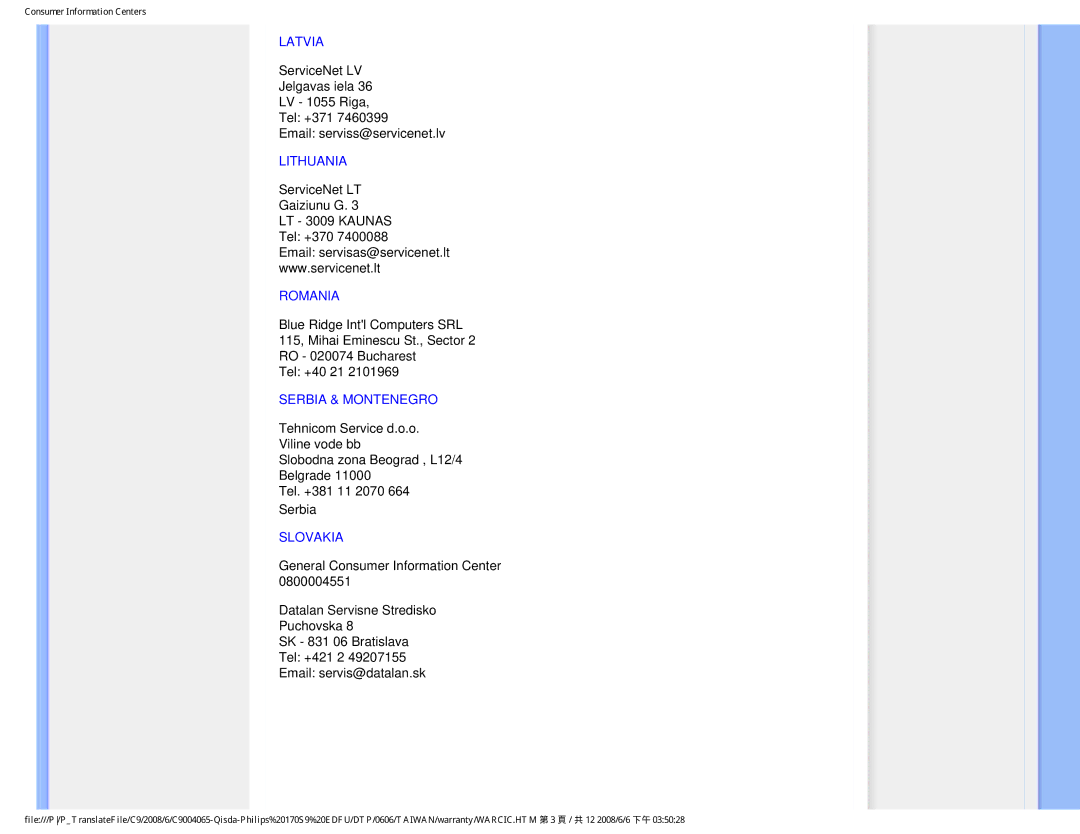 Philips 170S9 user manual Latvia, Lithuania, Romania, Serbia & Montenegro, Slovakia 