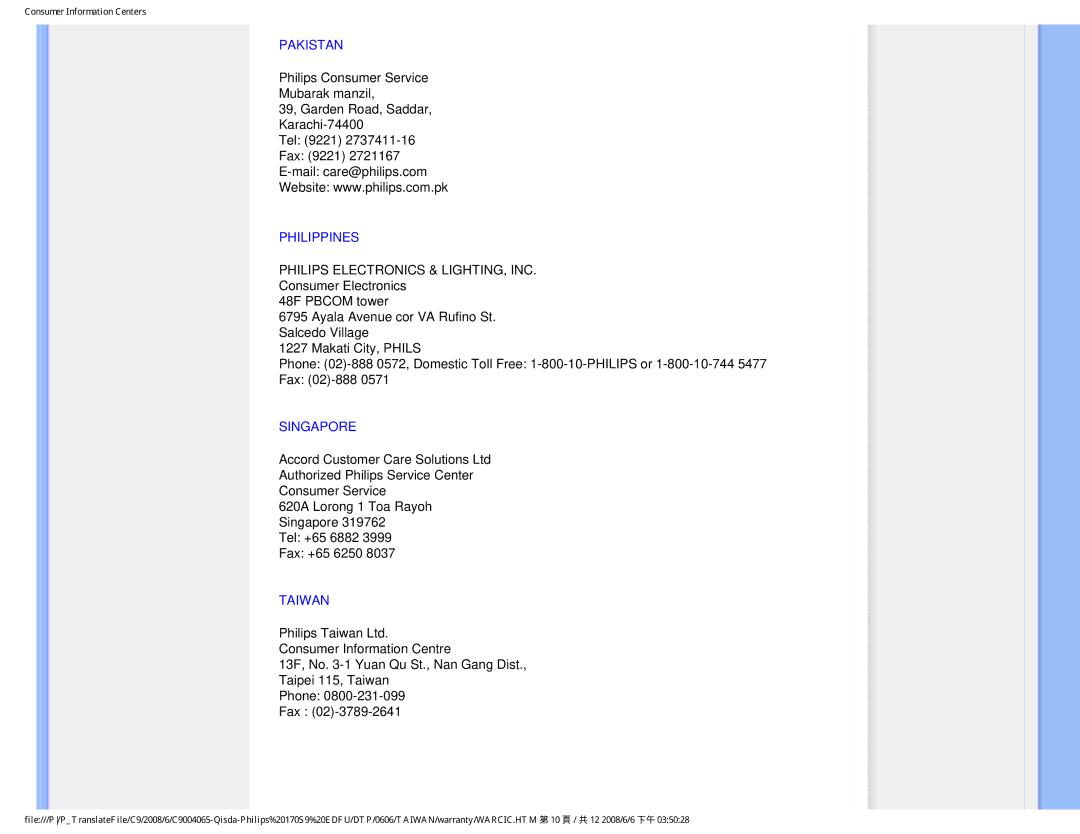 Philips 170S9 user manual Pakistan, Philippines, Singapore, Taiwan 