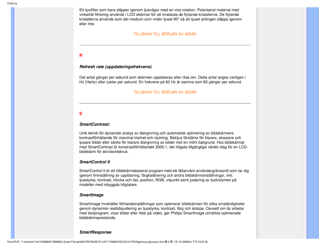 Philips 170S9 user manual Refresh rate uppdateringsfrekvens, SmartContrast, SmartControl, SmartImage, SmartResponse 