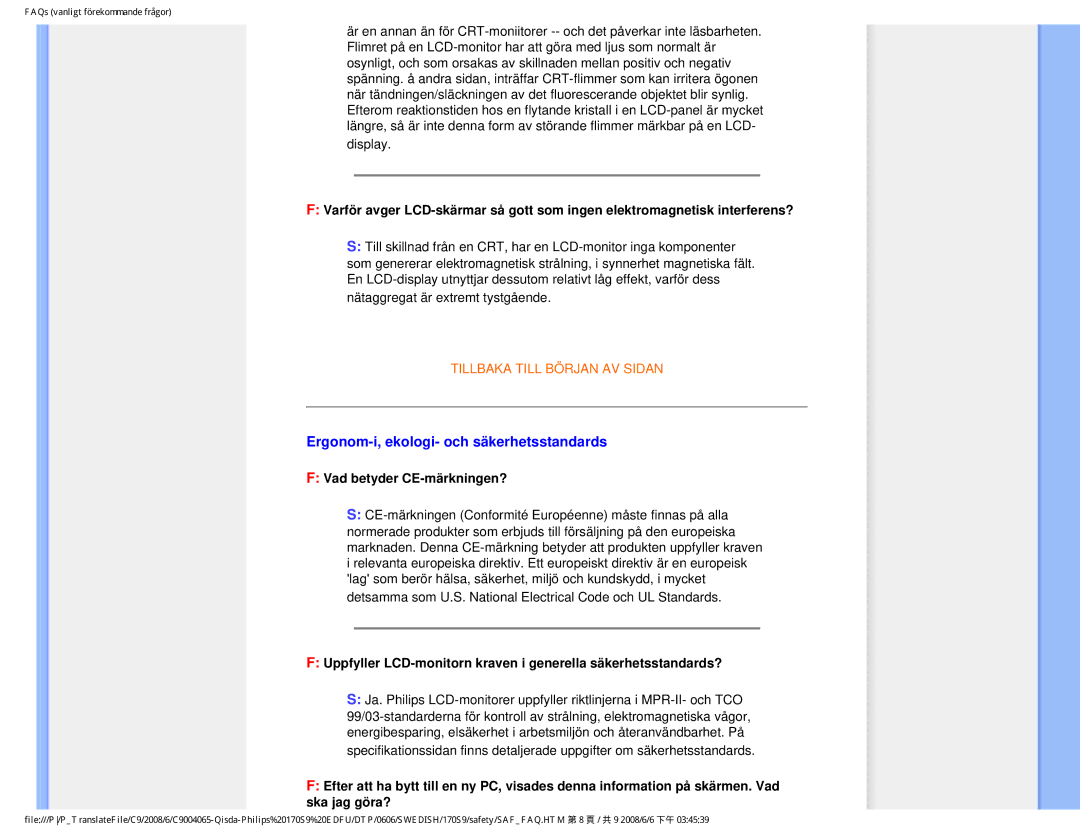 Philips 170S9 user manual Ergonom-i, ekologi- och säkerhetsstandards, Vad betyder CE-märkningen? 