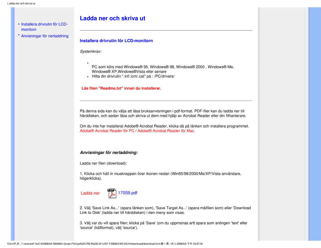 Philips 170S9 user manual Ladda ner och skriva ut, Installera drivrutin för LCD-monitorn, Anvisningar för nerladdning 