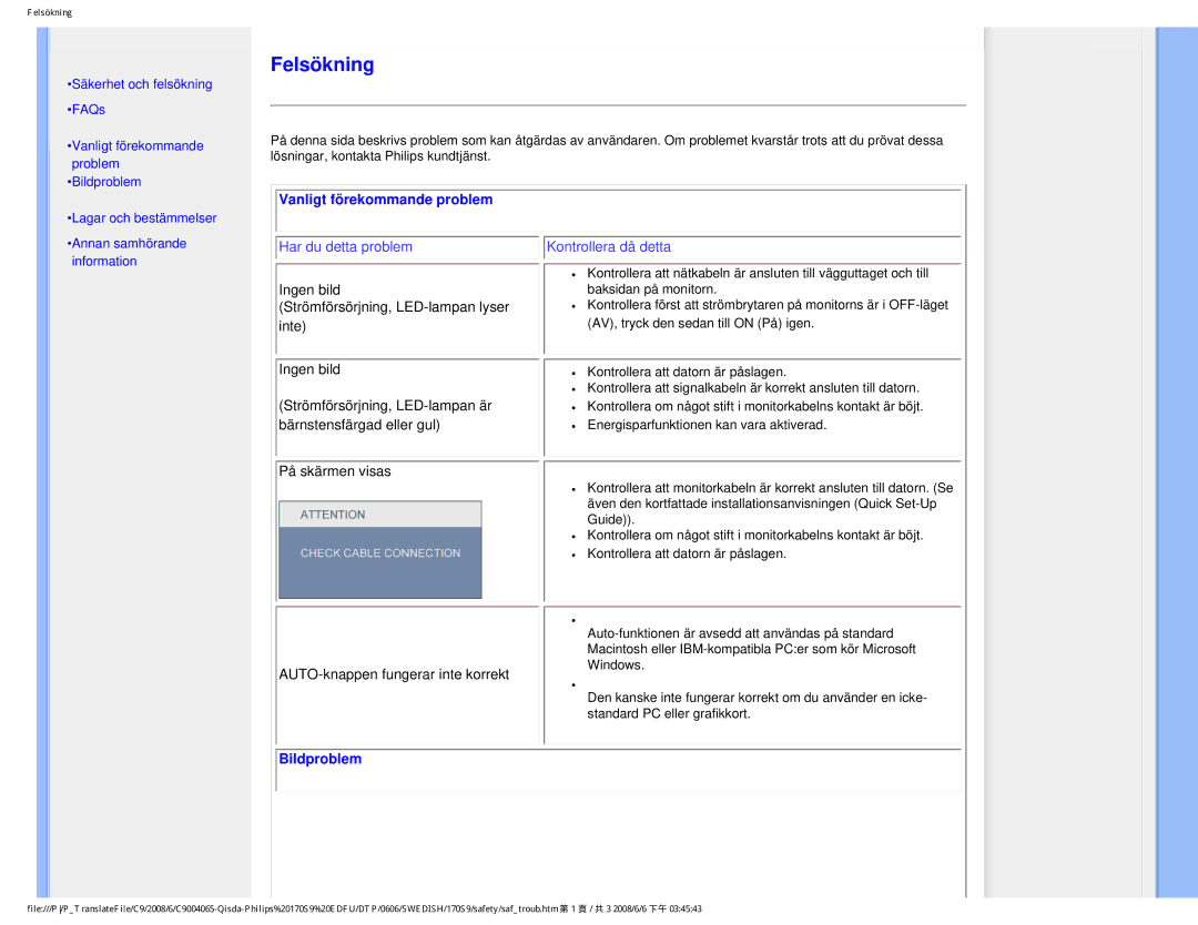 Philips 170S9 user manual Felsökning 