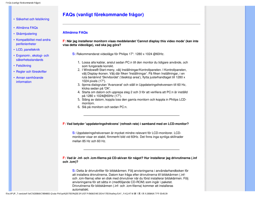 Philips 170S9 user manual FAQs vanligt förekommande frågor, Allmänna FAQs 