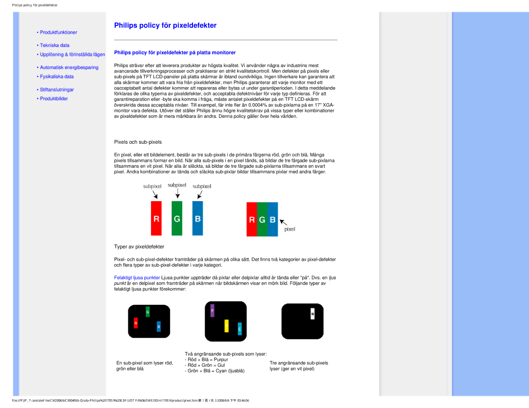 Philips 170S9 user manual Philips policy för pixeldefekter på platta monitorer 