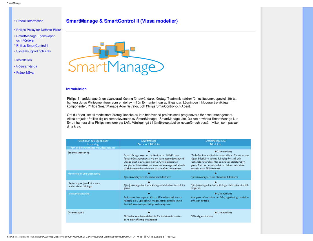 Philips 170S9 user manual SmartManage & SmartControl II Vissa modeller, Introduktion 