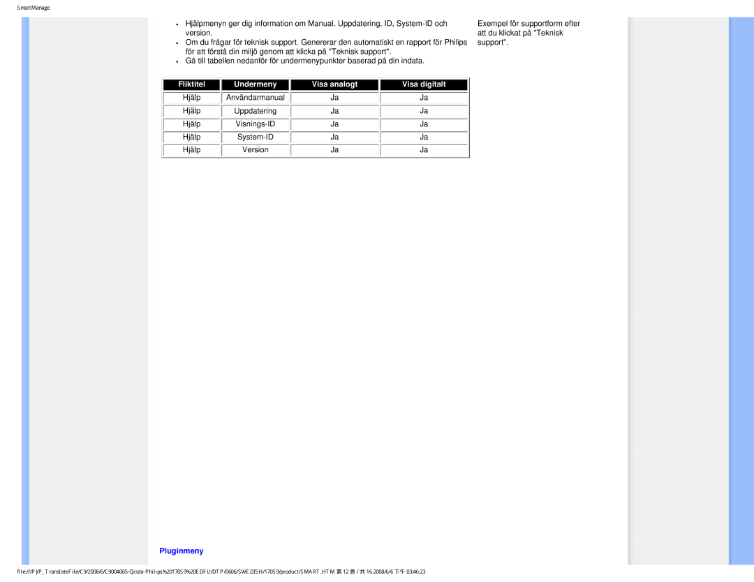 Philips 170S9 user manual Pluginmeny 