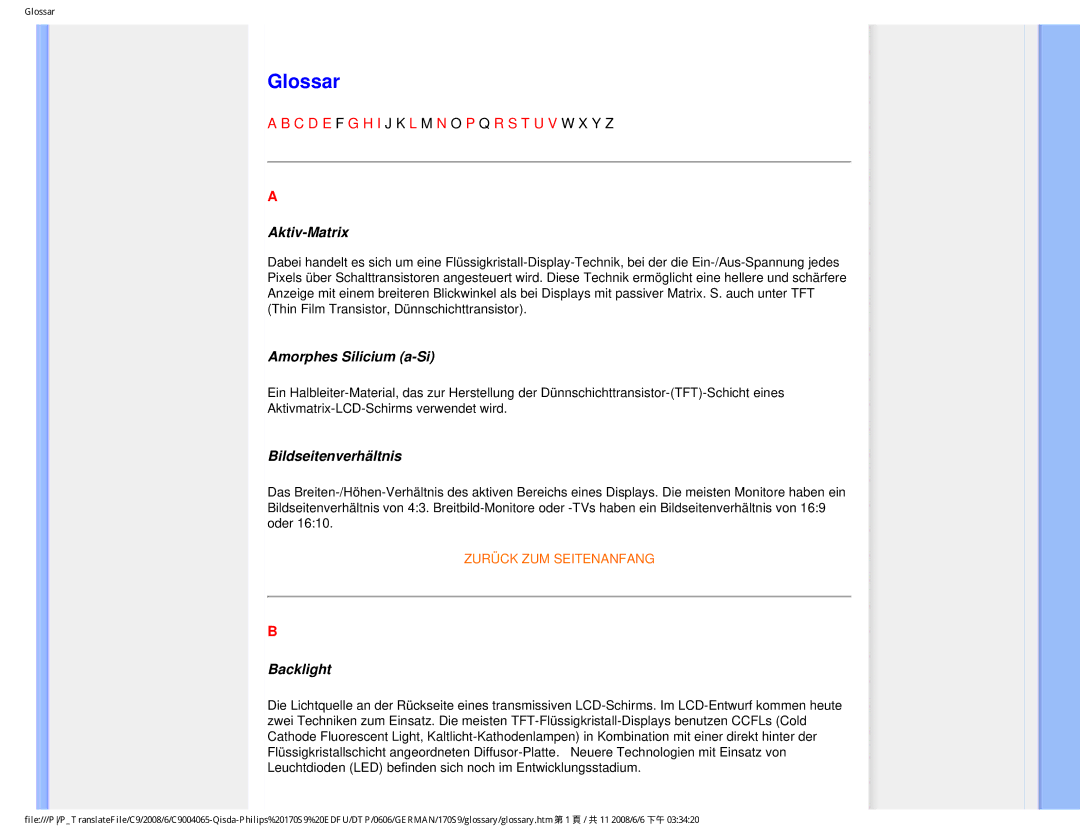 Philips 170S9 user manual Glossar, Aktiv-Matrix, Amorphes Silicium a-Si, Bildseitenverhältnis, Backlight 