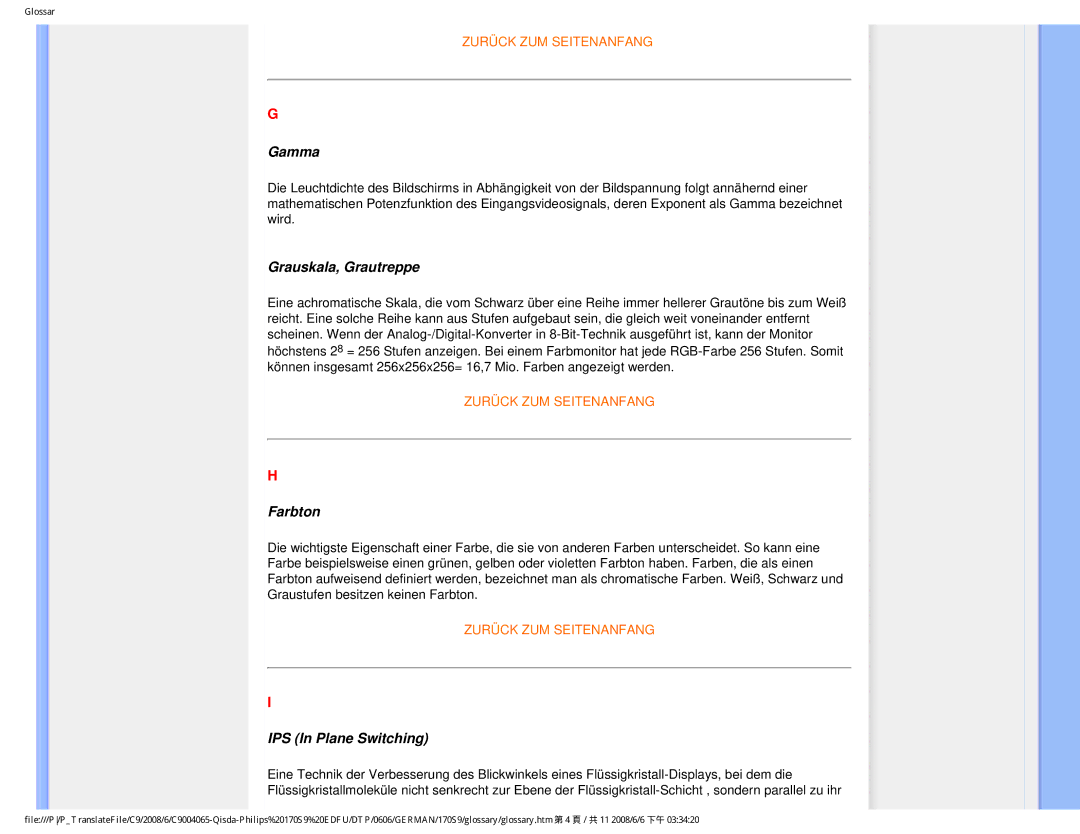 Philips 170S9 user manual Gamma, Grauskala, Grautreppe, Farbton, IPS In Plane Switching 