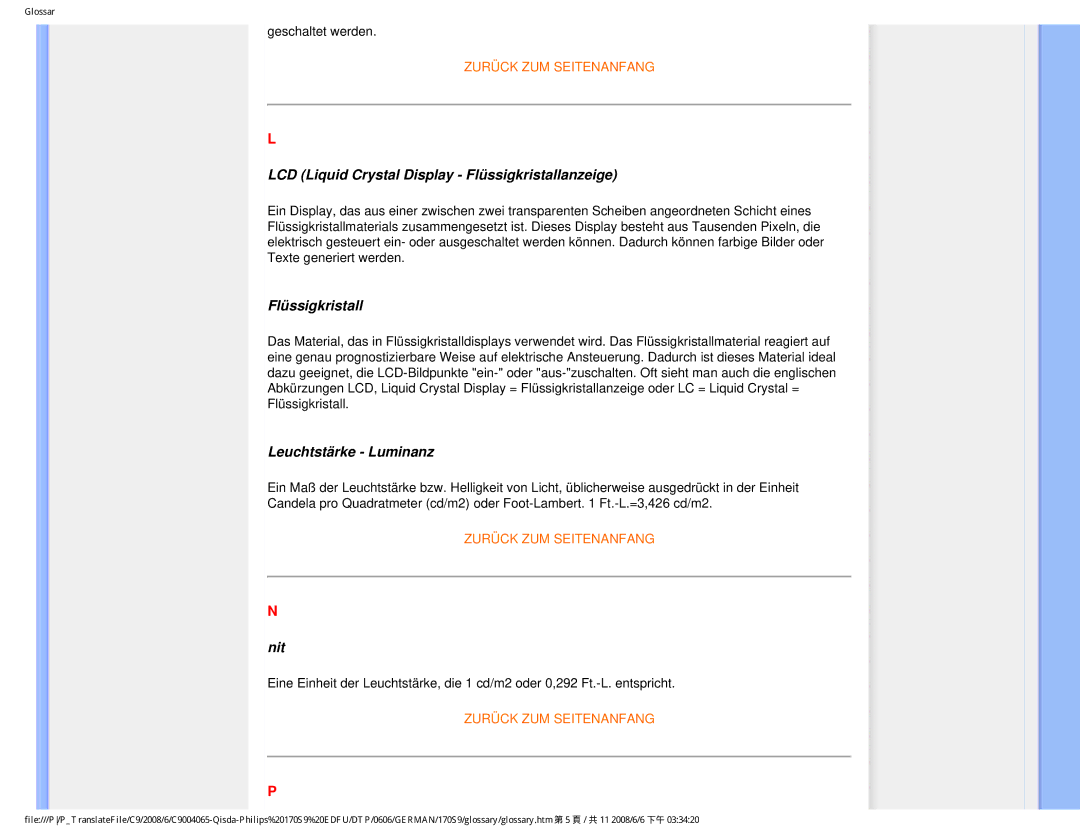 Philips 170S9 user manual LCD Liquid Crystal Display Flüssigkristallanzeige, Leuchtstärke Luminanz, Nit 