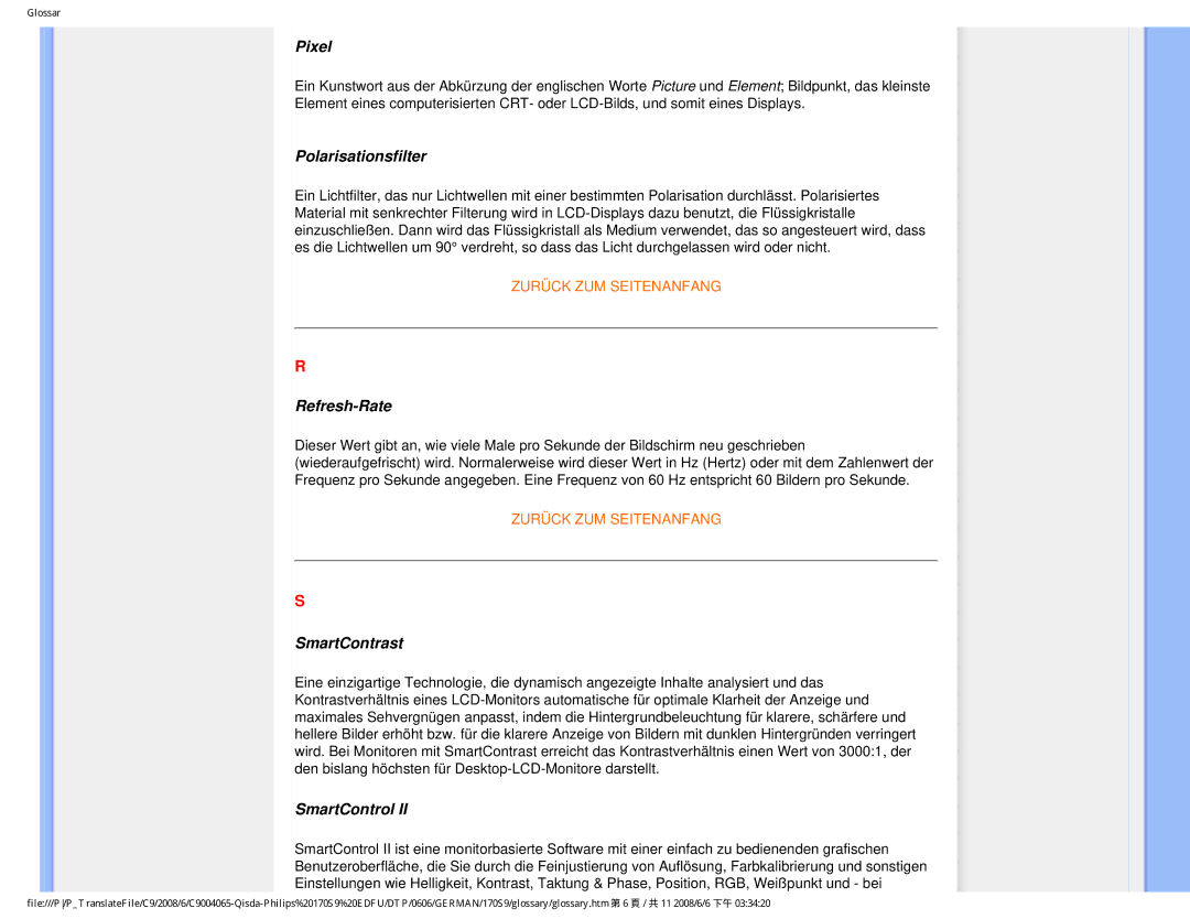 Philips 170S9 user manual Pixel, Polarisationsfilter, Refresh-Rate, SmartContrast, SmartControl 