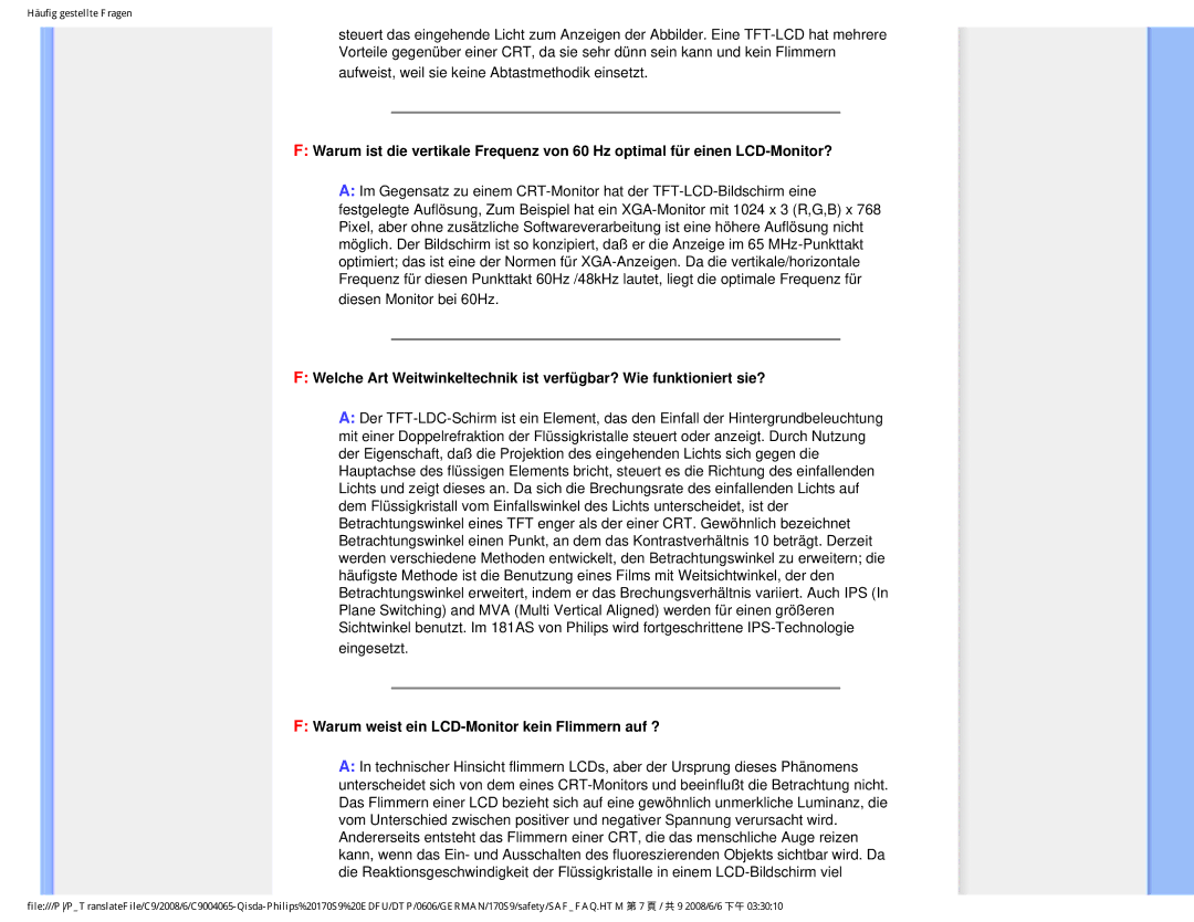 Philips 170S9 user manual Warum weist ein LCD-Monitor kein Flimmern auf ? 