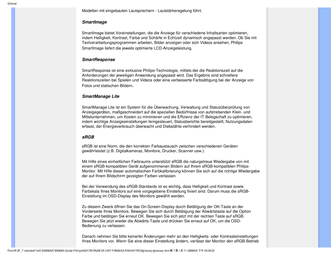 Philips 170S9 user manual SmartImage, SmartResponse, SmartManage Lite, Srgb 