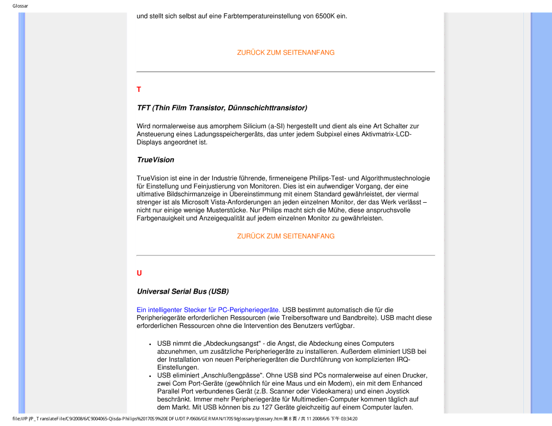 Philips 170S9 user manual TFT Thin Film Transistor, Dünnschichttransistor, TrueVision, Universal Serial Bus USB 