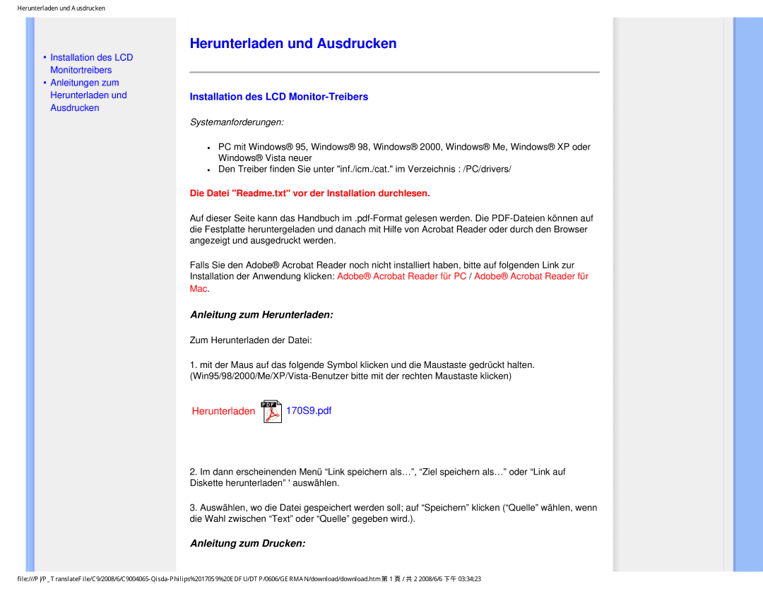 Philips 170S9 user manual Herunterladen und Ausdrucken, Installation des LCD Monitor-Treibers, Anleitung zum Herunterladen 