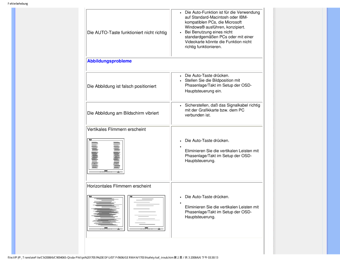 Philips 170S9 user manual Abbildungsprobleme, Horizontales Flimmern erscheint 