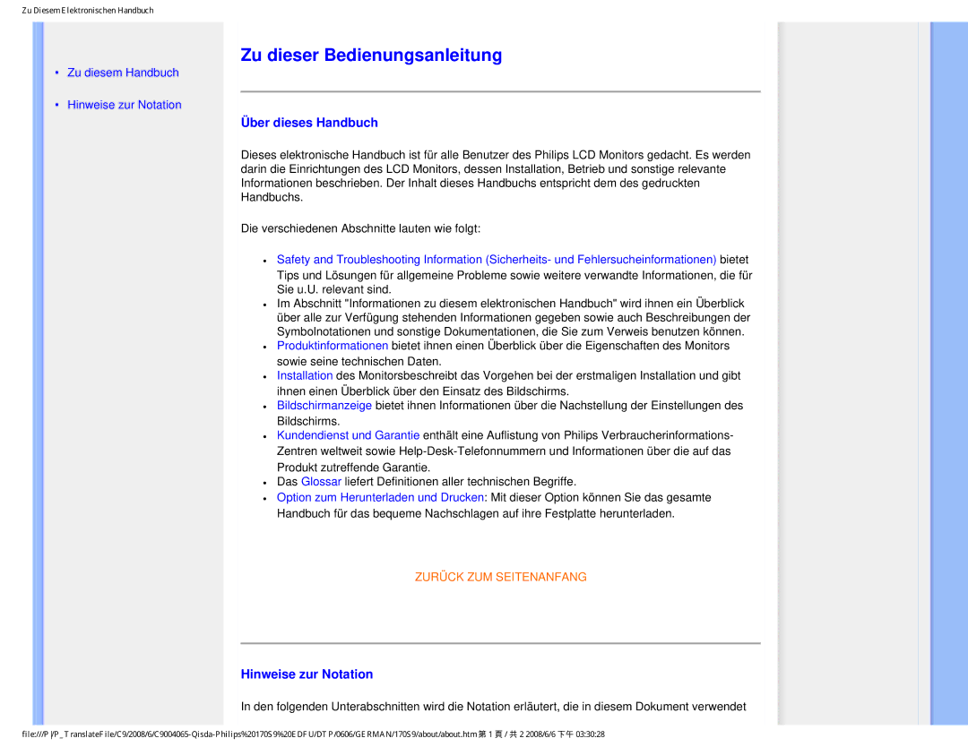 Philips 170S9 user manual Zu dieser Bedienungsanleitung, Über dieses Handbuch, Hinweise zur Notation 