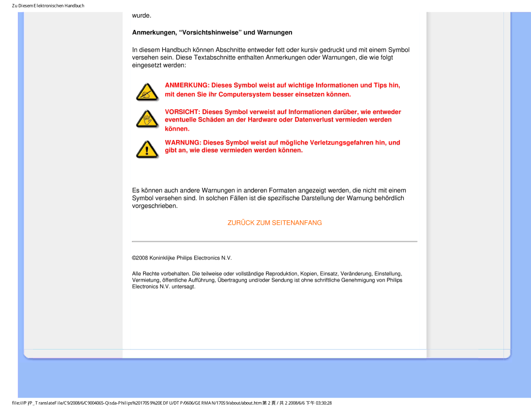 Philips 170S9 user manual Anmerkungen, Vorsichtshinweise und Warnungen 