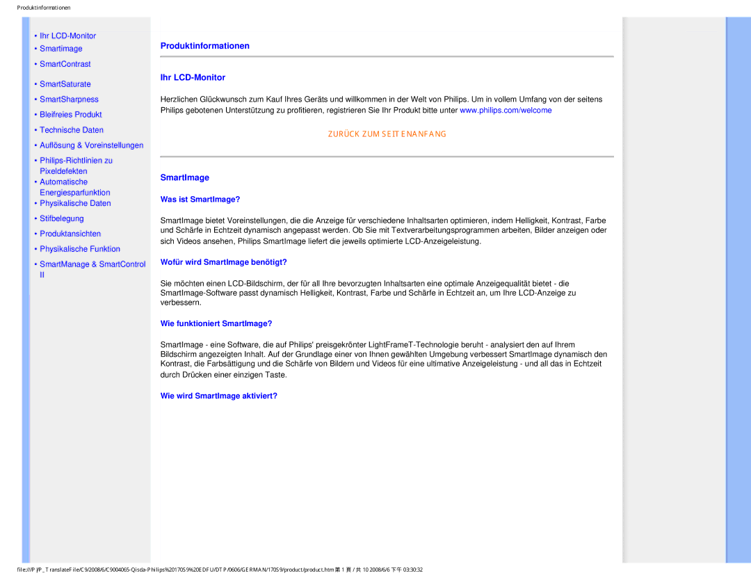 Philips 170S9 user manual Produktinformationen Ihr LCD-Monitor, SmartImage 