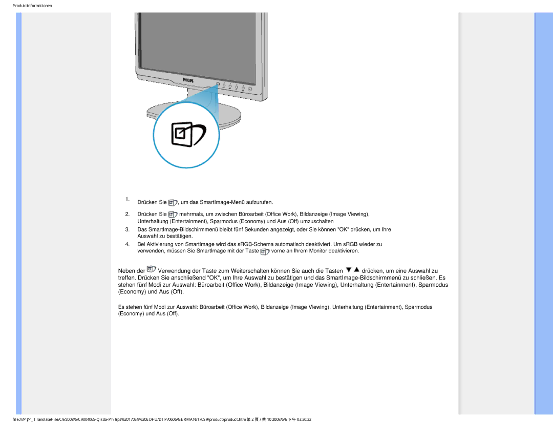 Philips 170S9 user manual Drücken Sie , um das SmartImage-Menü aufzurufen 