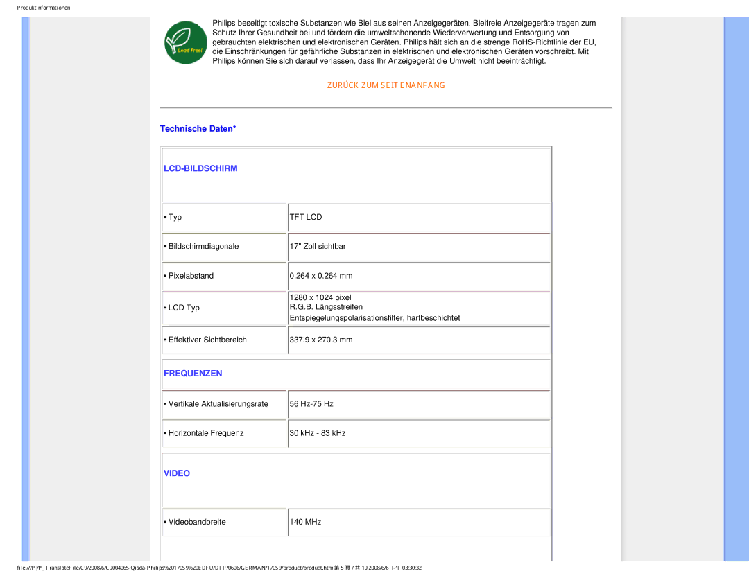 Philips 170S9 user manual Technische Daten, Lcd-Bildschirm 