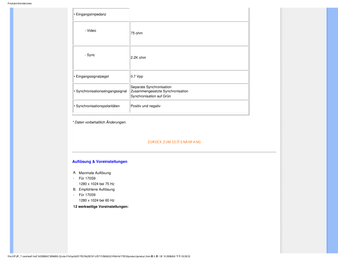 Philips 170S9 user manual Auflösung & Voreinstellungen, Werkseitige Voreinstellungen 