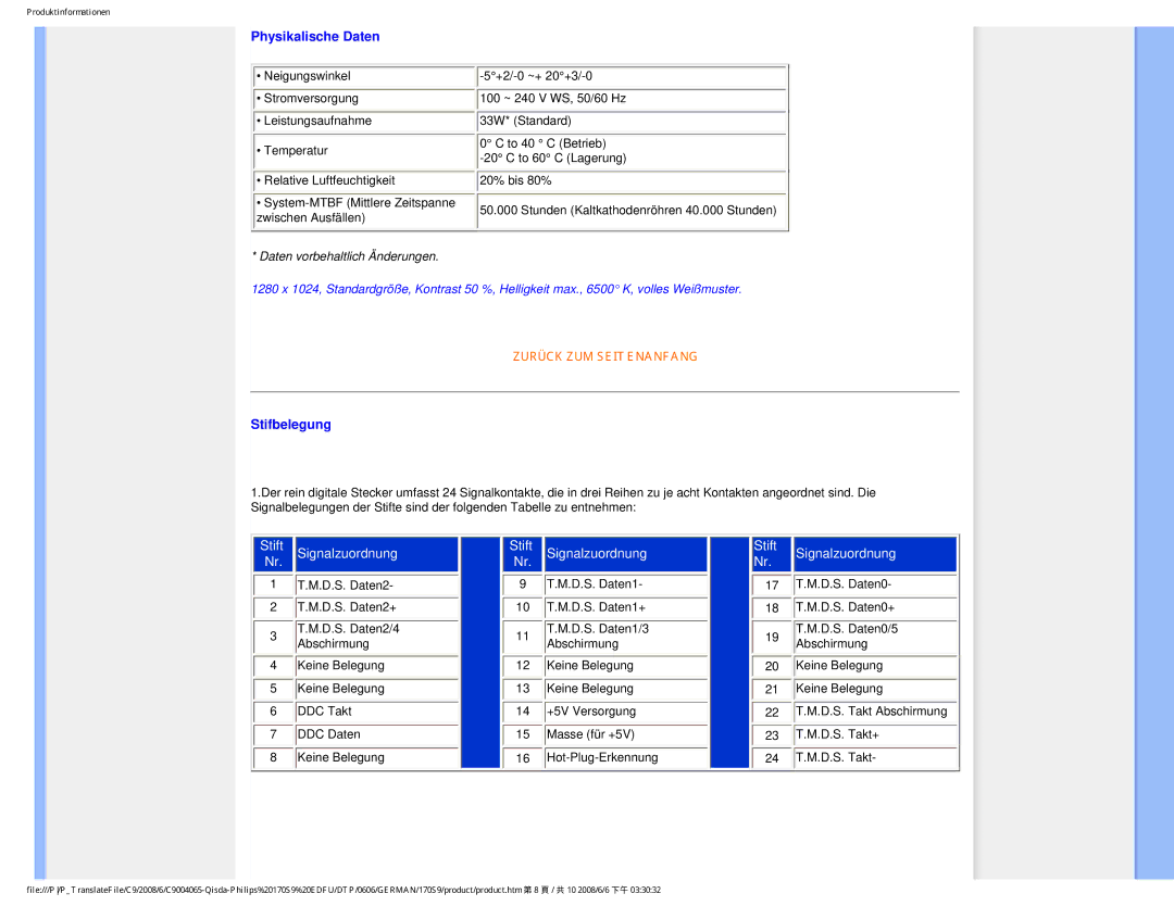 Philips 170S9 user manual Physikalische Daten, Stifbelegung 