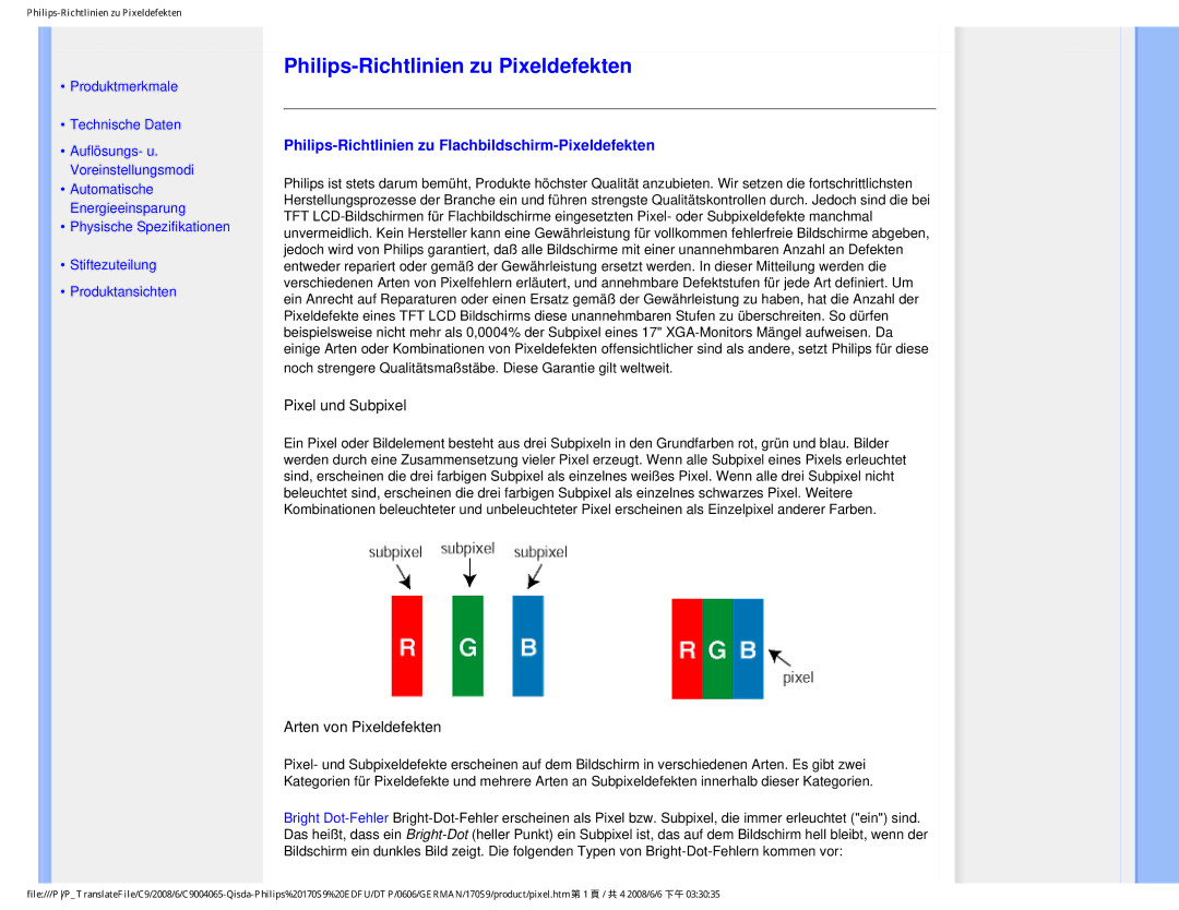 Philips 170S9 user manual Philips-Richtlinien zu Pixeldefekten, Philips-Richtlinien zu Flachbildschirm-Pixeldefekten 