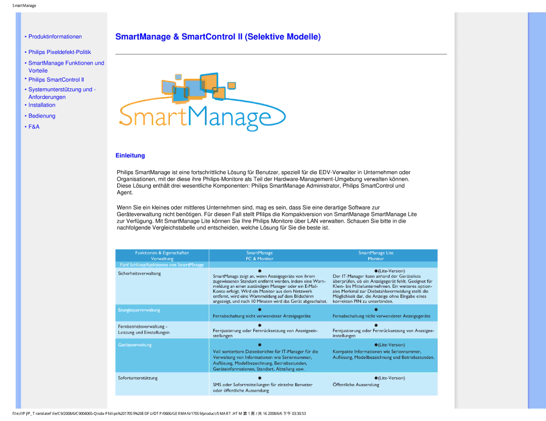 Philips 170S9 user manual SmartManage & SmartControl II Selektive Modelle, Einleitung 