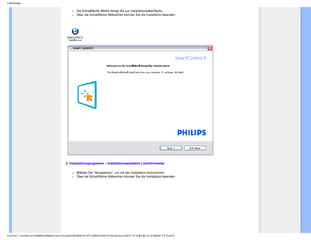 Philips 170S9 user manual Installationsprogramm Installationsassistent Lizenzhinweise 