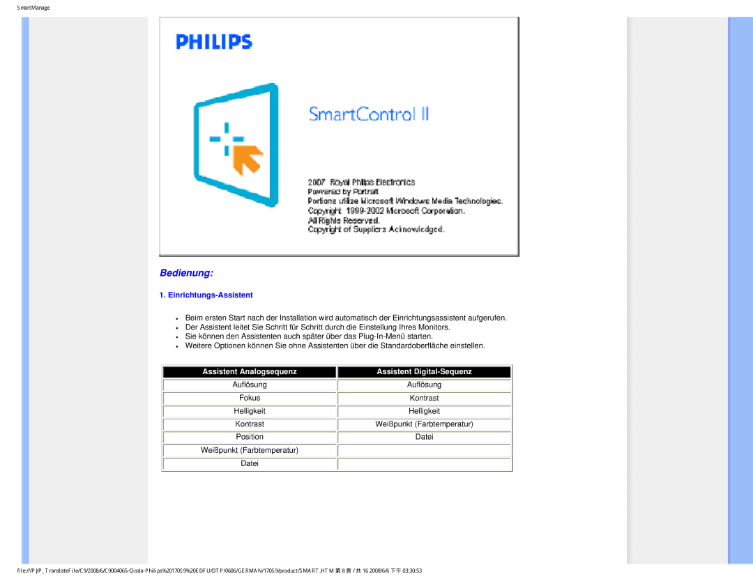 Philips 170S9 user manual Bedienung, Einrichtungs-Assistent 