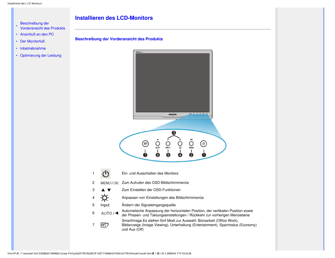 Philips 170S9 user manual Installieren des LCD-Monitors, Beschreibung der Vorderansicht des Produkts 