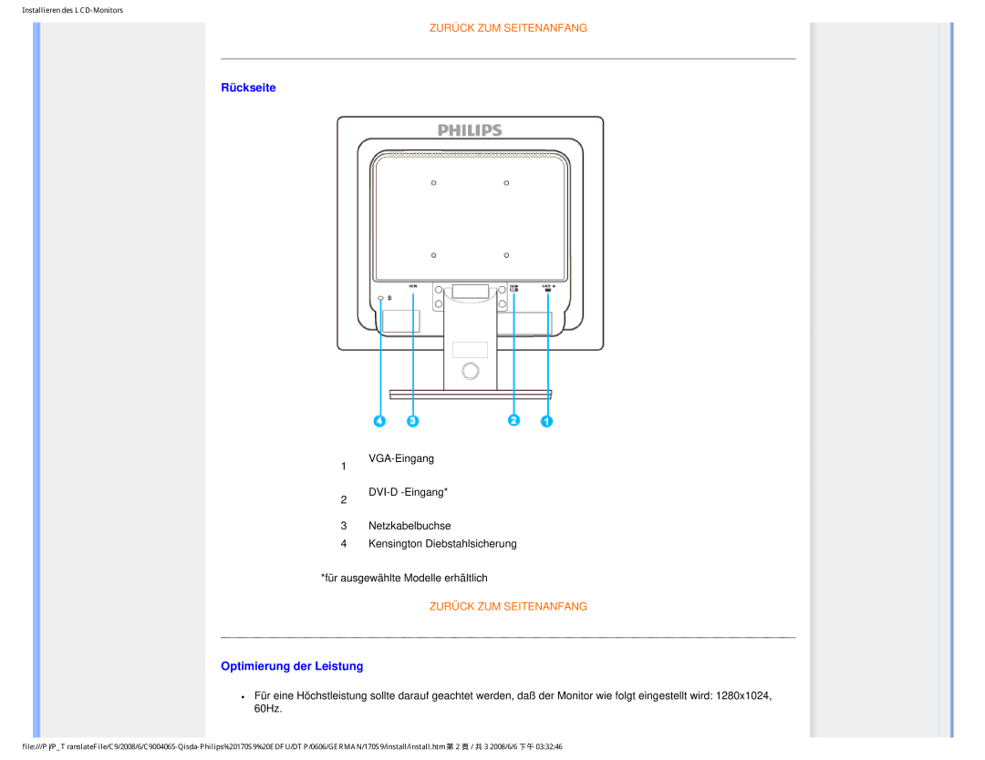 Philips 170S9 user manual Rückseite, Optimierung der Leistung 