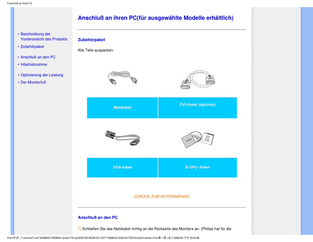 Philips 170S9 user manual Anschluß an ihren PCfür ausgewählte Modelle erhältlich, Zubehörpaket, Anschluß an den PC 