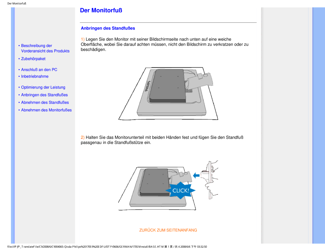 Philips 170S9 user manual Der Monitorfuß, Anbringen des Standfußes 