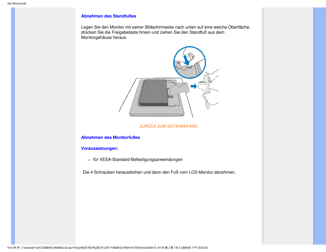 Philips 170S9 user manual Abnehmen des Standfußes, Abnehmen des Monitorfußes Voraussetzungen 