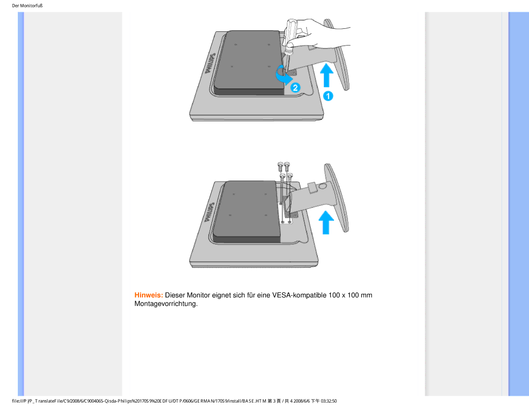 Philips 170S9 user manual Der Monitorfuß 