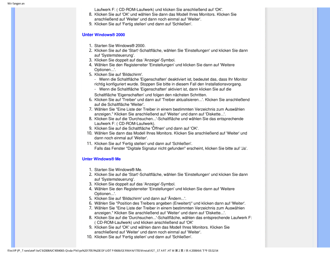 Philips 170S9 user manual Unter Windows Me 