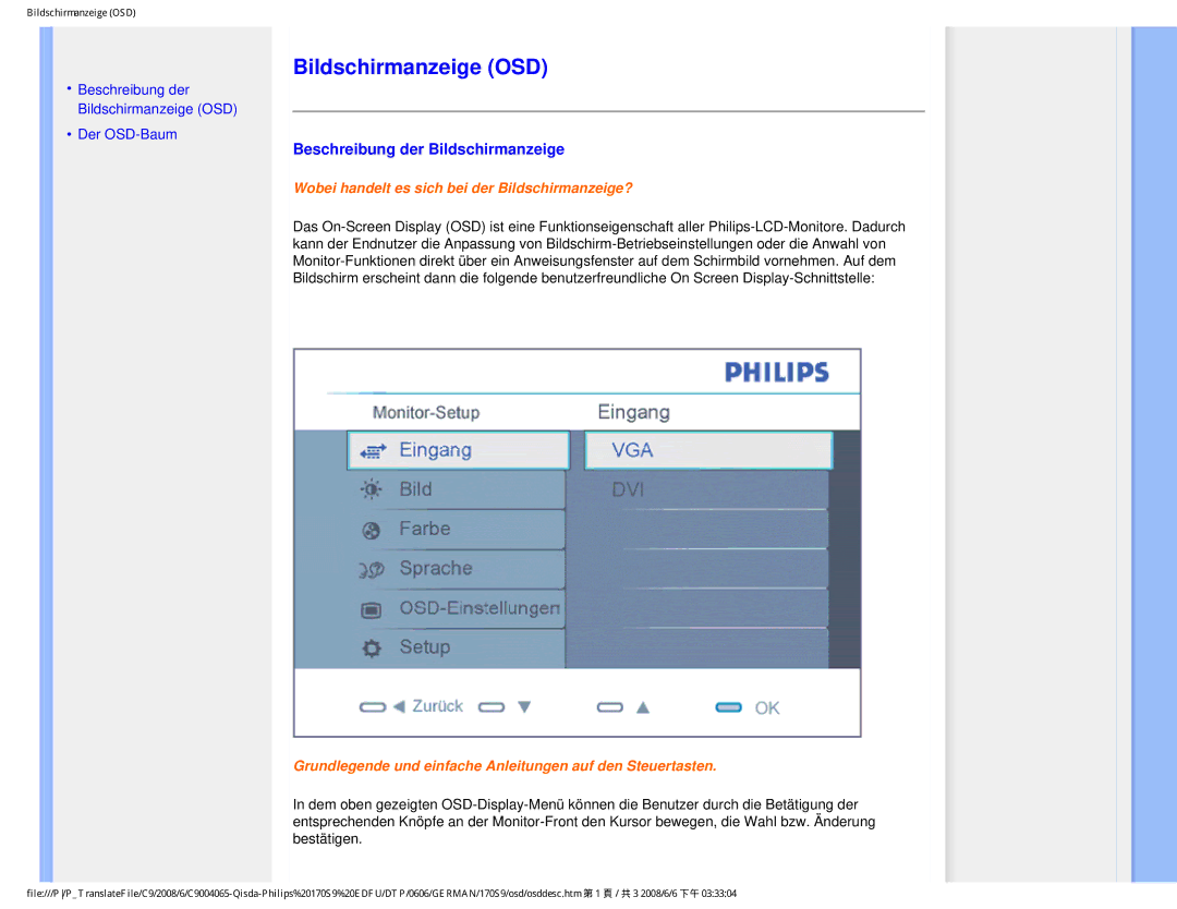 Philips 170S9 user manual Bildschirmanzeige OSD, Beschreibung der Bildschirmanzeige 