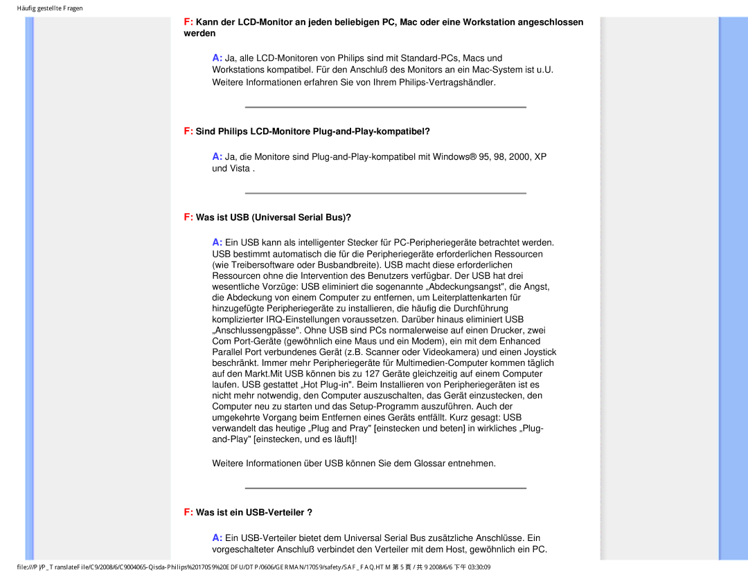 Philips 170S9 user manual Sind Philips LCD-Monitore Plug-and-Play-kompatibel?, Was ist USB Universal Serial Bus? 