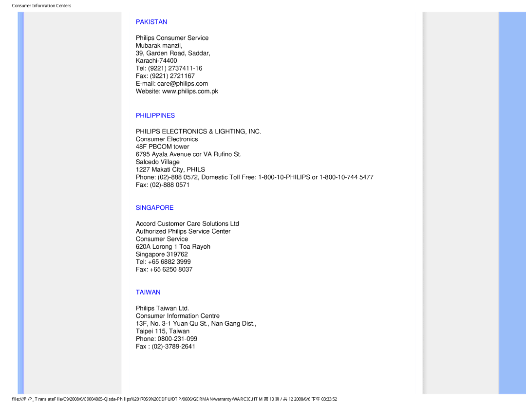 Philips 170S9 user manual Pakistan, Philippines, Singapore, Taiwan 