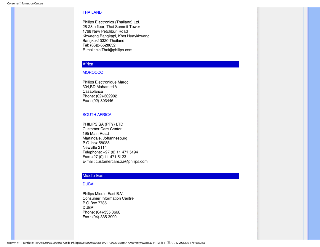 Philips 170S9 user manual Thailand, Morocco, South Africa, Dubai 