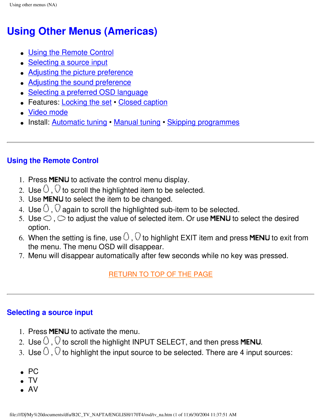 Philips 170T4 manual Using Other Menus Americas, Using the Remote Control 