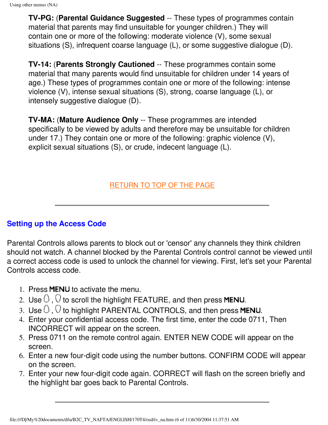 Philips 170T4 manual Setting up the Access Code 