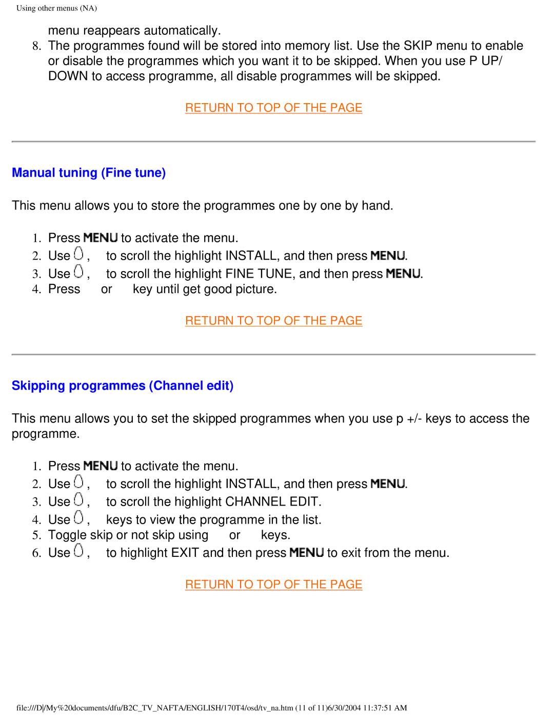 Philips 170T4 manual Manual tuning Fine tune, Skipping programmes Channel edit 