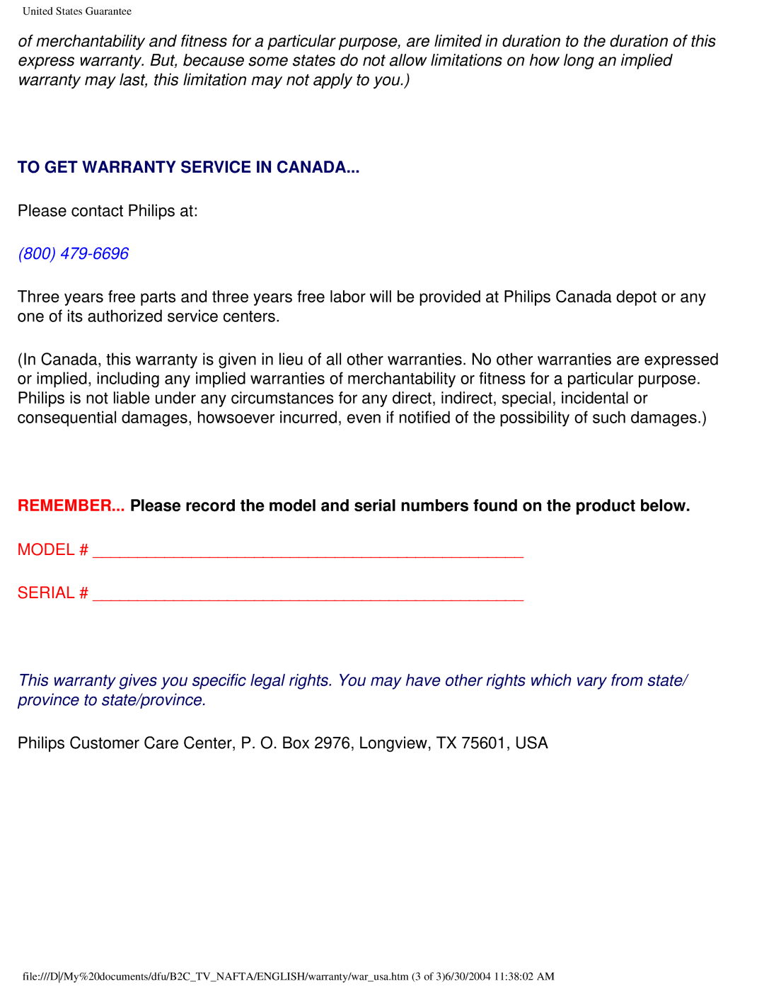 Philips 170T4 manual To GET Warranty Service in Canada 