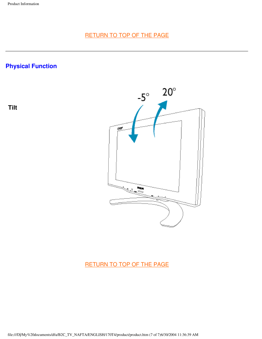 Philips 170T4 manual Physical Function, Tilt 