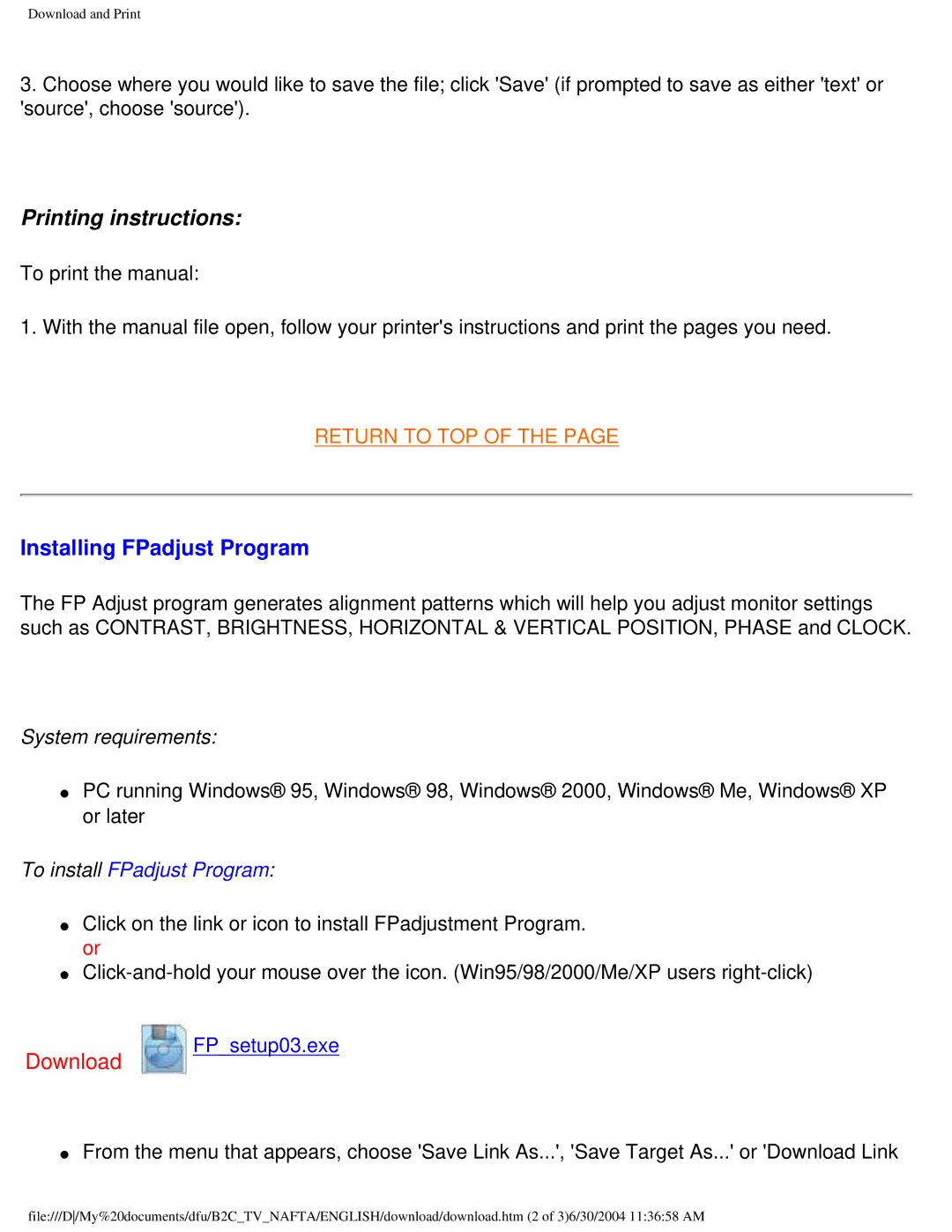 Philips 170T4 manual Printing instructions, Installing FPadjust Program 