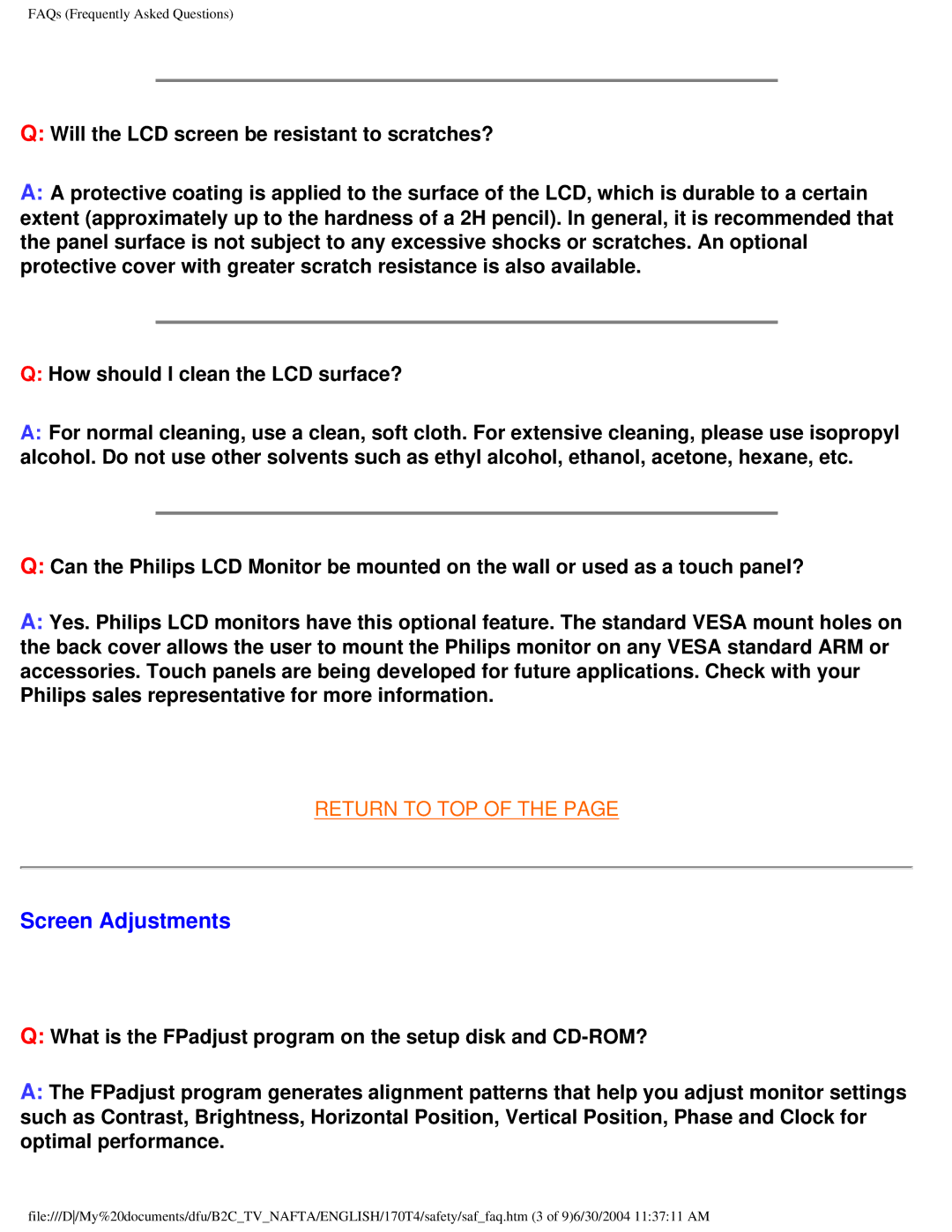 Philips 170T4 manual Screen Adjustments 